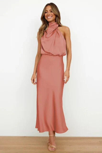 Satin Mock Neck Cowl Drape Sleeveless Bias Cut Midi Cocktail Dress - View 2