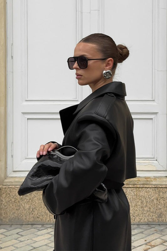 Knee-Length Faux Leather Overcoat with Heavy Detailing