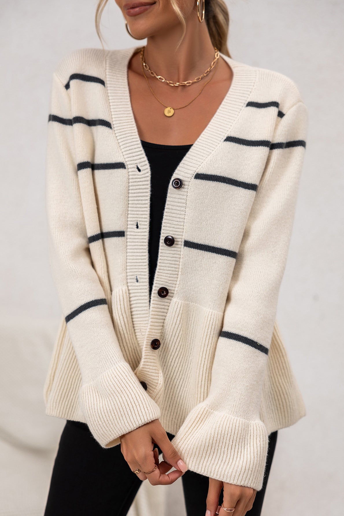 V-Neck Striped Knit Cardigan for Effortless Style and Comfort