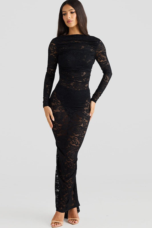 Lace Backless Long Sleeve Lace Dress - View 6