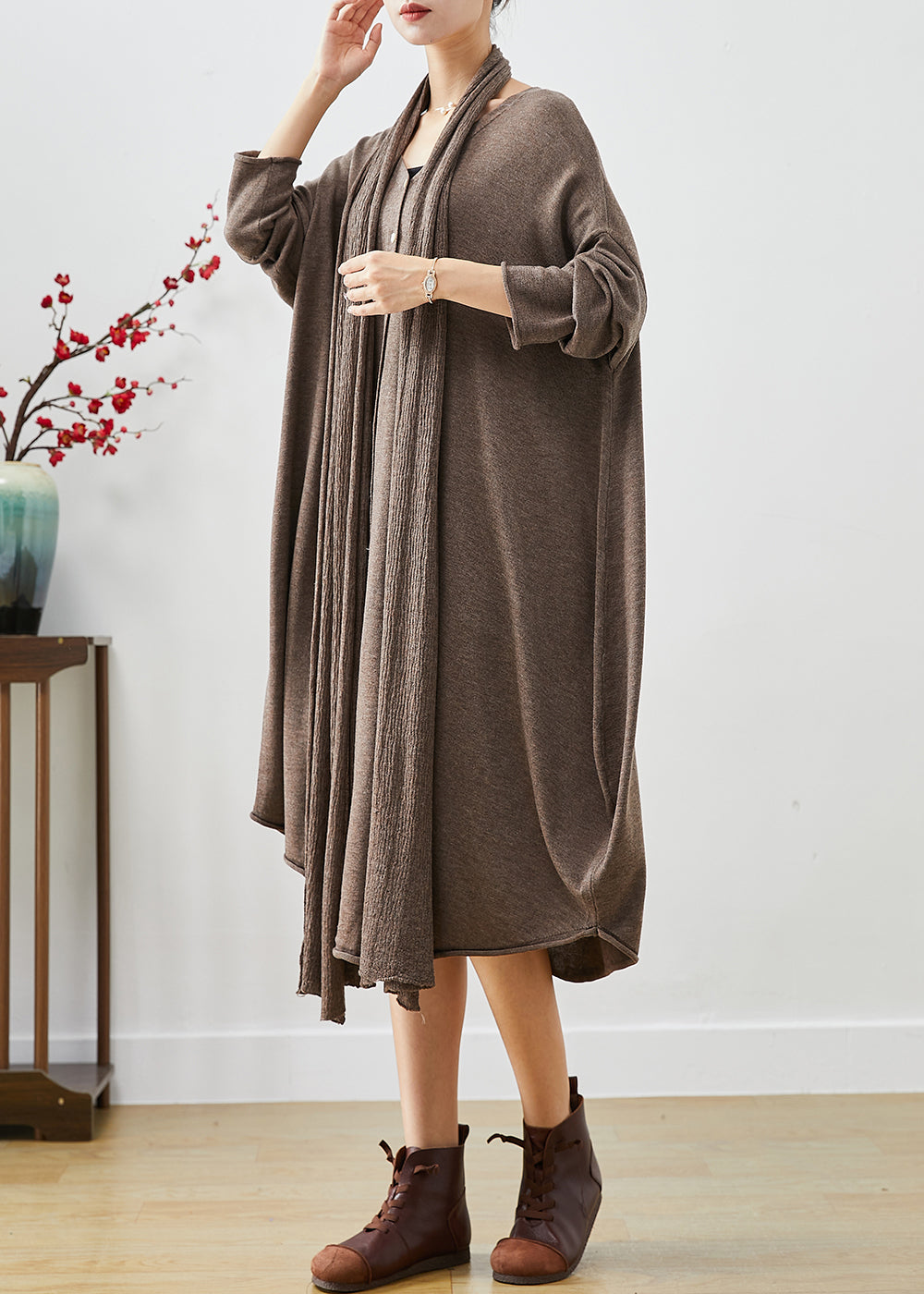 Knit Scarf Neck Long Sleeve Oversized Draped Hem Midi Sweater Dress - View 3