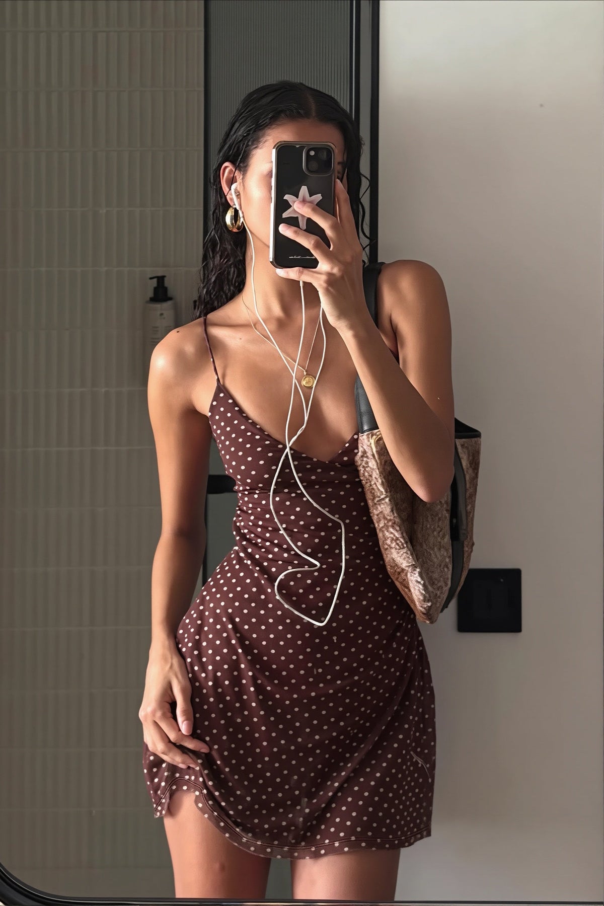Polka Dot Cowl Neck Satin Slip Mini Dress
