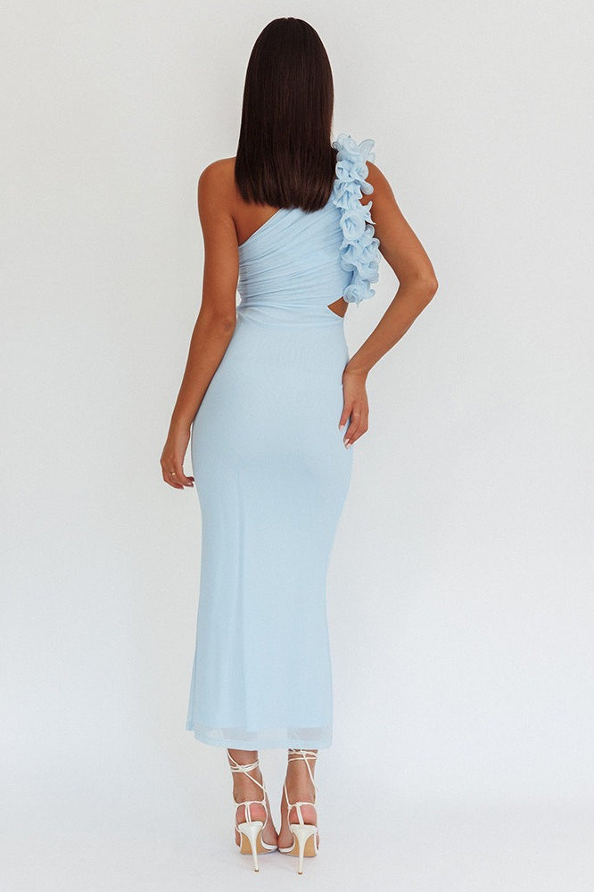 One-Shoulder Ruffle Cutout Mesh Bodycon Maxi Dress