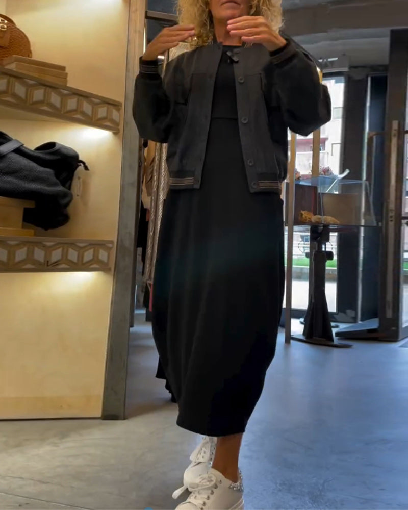 Round Neck Long Sleeve Pocket Cocoon Midi Dress 3