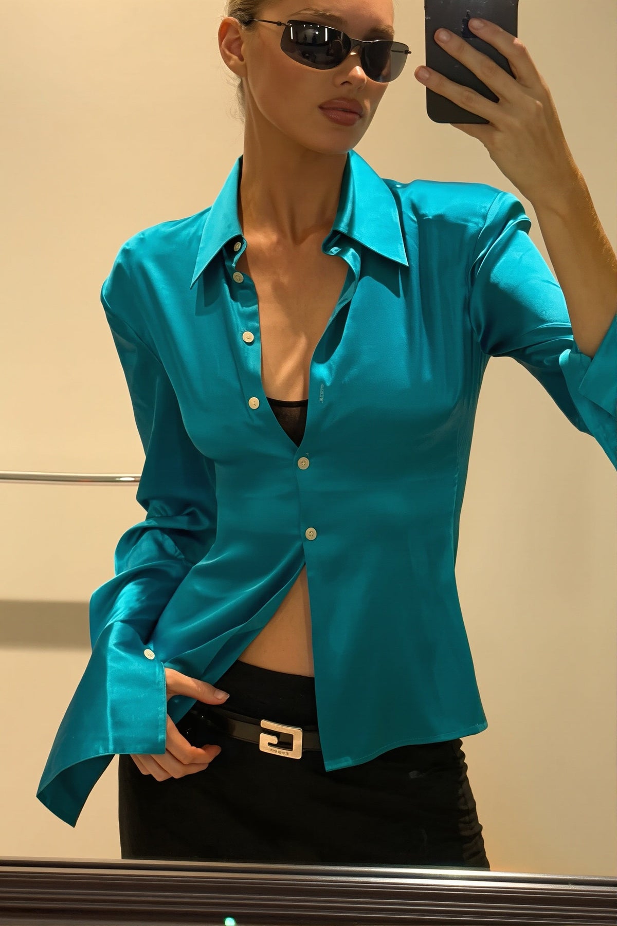 Satin Contrast Button Shirt Blouse