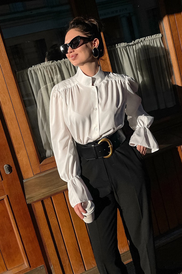 Mandarin Collar Puff Sleeve Blouse