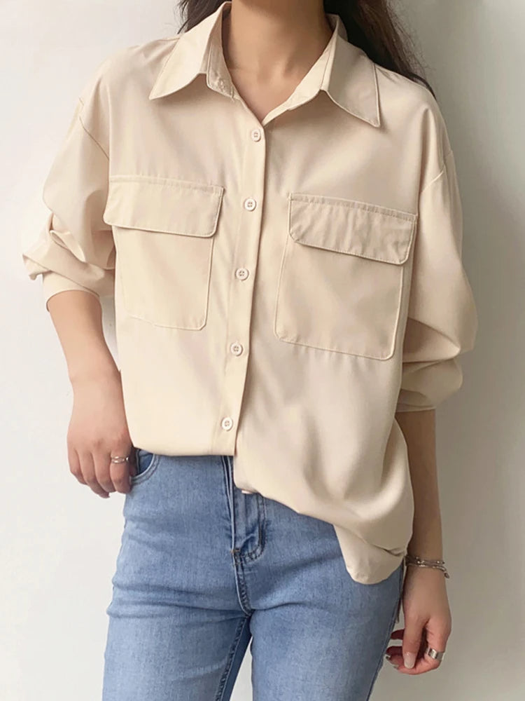 Solid Harajuku Lapel Blouse Casual Blouse