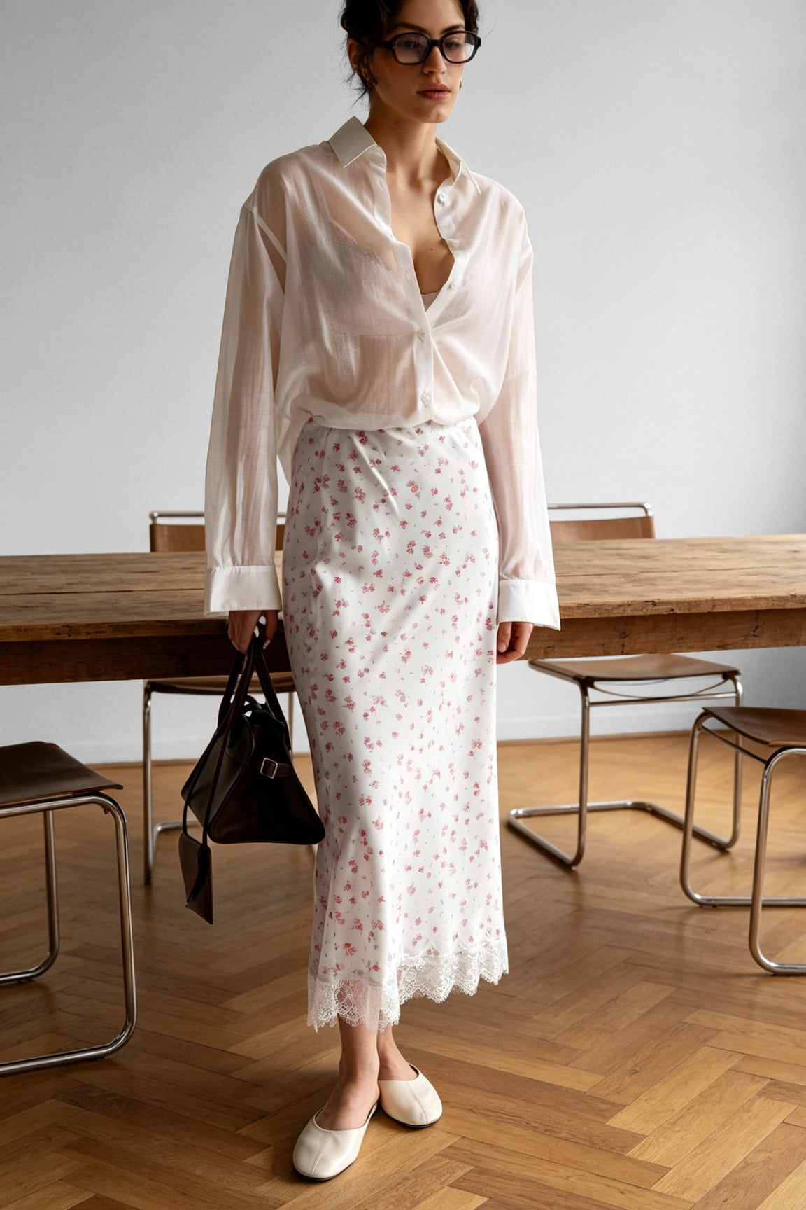 Floral Lace-Hem Maxi Skirt