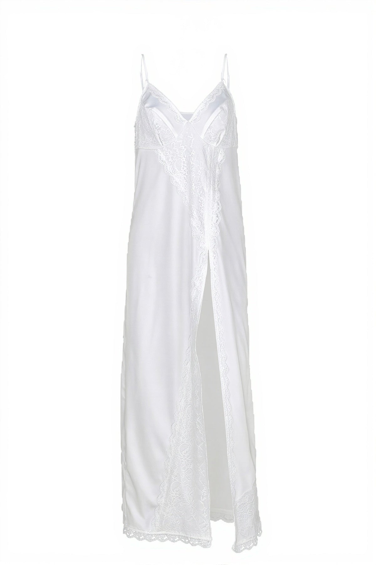 Satin Lace Trim V-Neck High Split Slip Maxi Dress