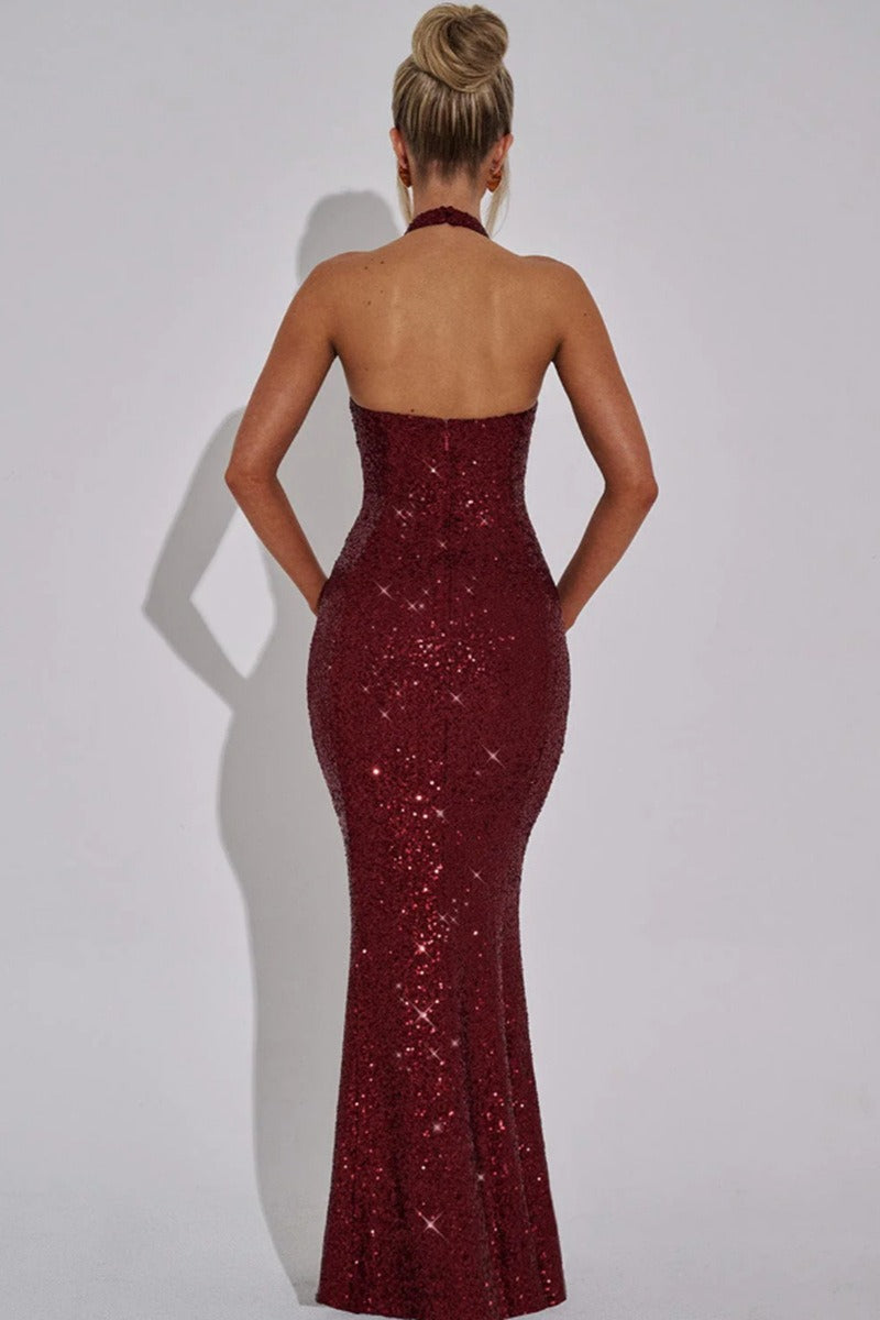 Rhinestone Halter Bodycon Party Dress - Fashionpara