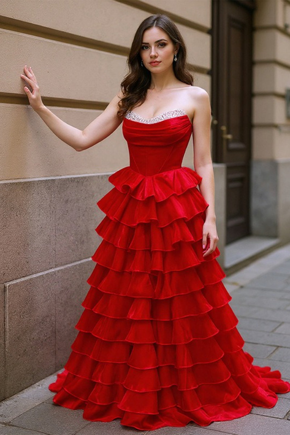 Strapless Sweetheart Beaded Tiered Ruffle Ball Gown