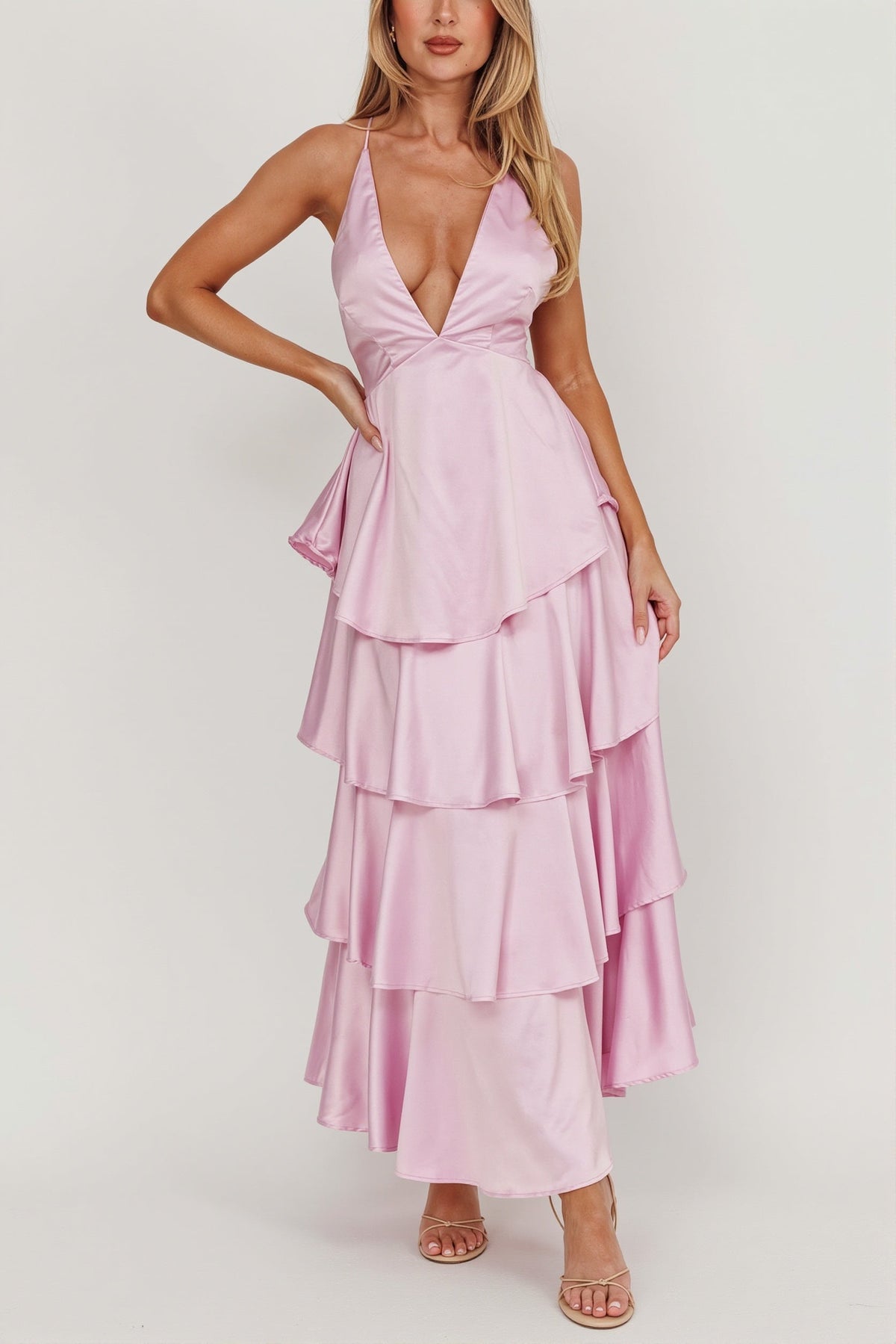 Satin Plunge V-Neck Tiered Ruffle Maxi Formal Dress