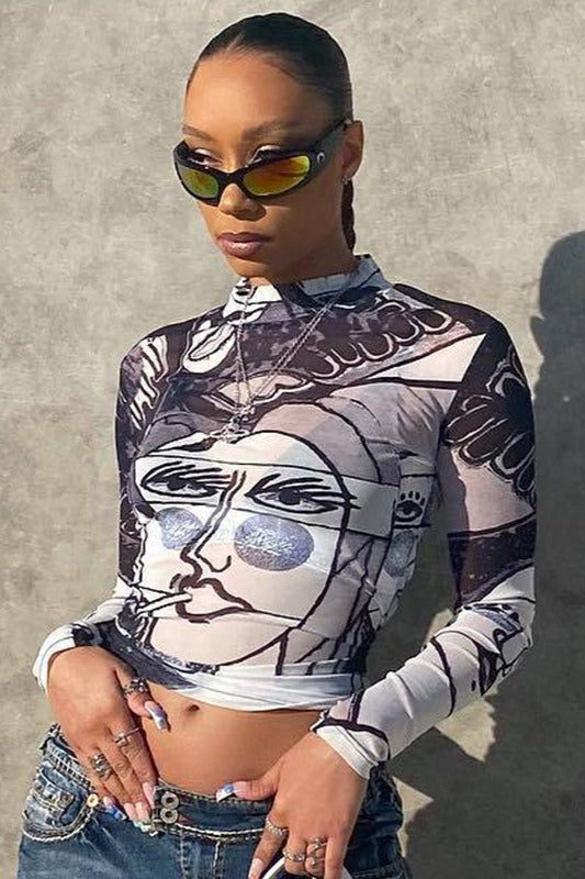 Sexy Sheer Mesh Print Round Neck Long Sleeve Blouse