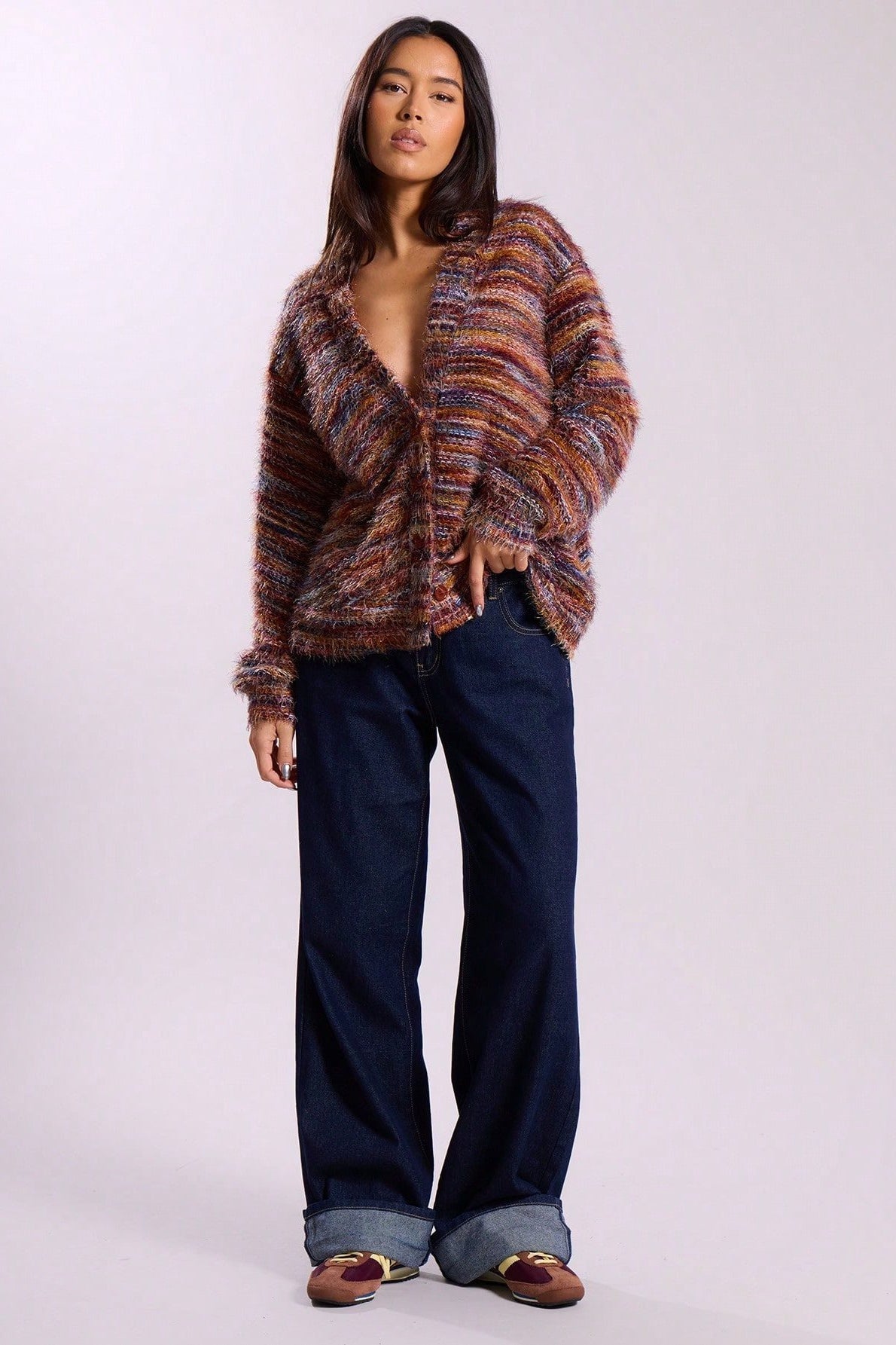 Deep V-Neck Plush Knit Cardigan for Retro Fashion Lovers