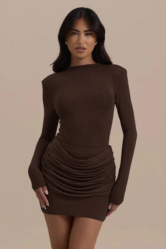 Round-Neck Long-Sleeve Ruched Bodycon Mini Dress
