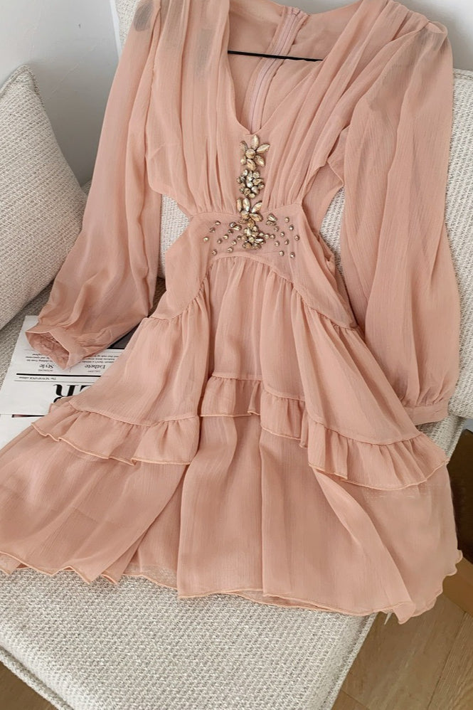 Embellished V-Neck Long Sleeve Tiered Chiffon Mini Dress 6