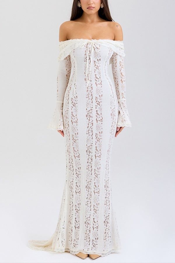 Leila Off Shoulder Floral Lace Flared Sleeve Fishtail Maxi Dress - View 6