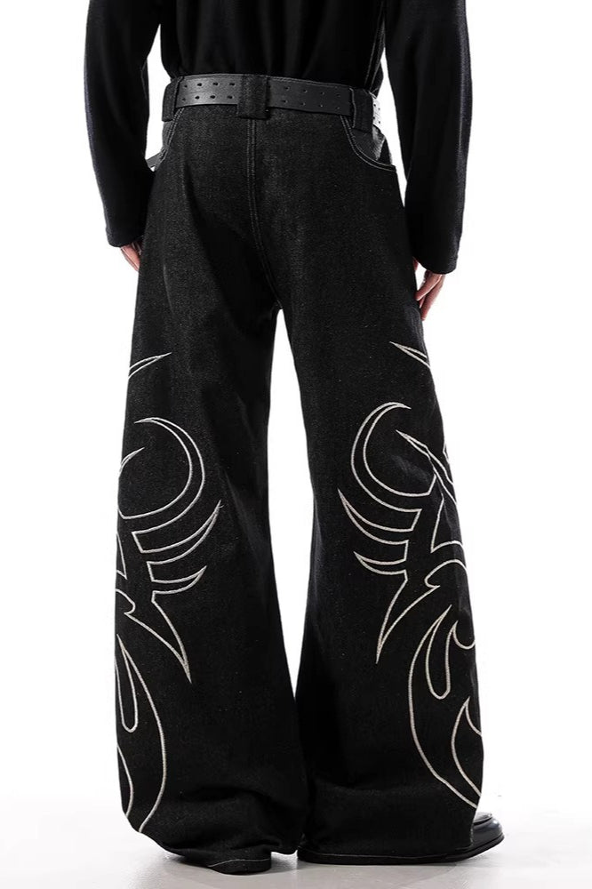 Vintage Embroidered Reverse Pocket Wide Leg Jeans