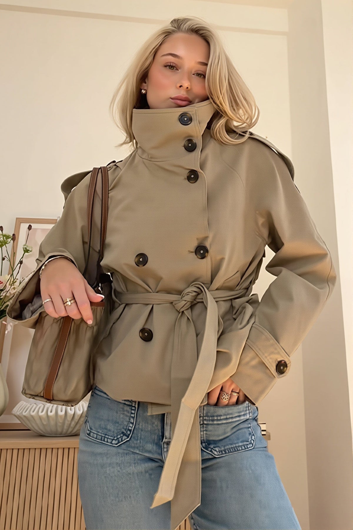 High Neck Double Breasted Short Trench Coat