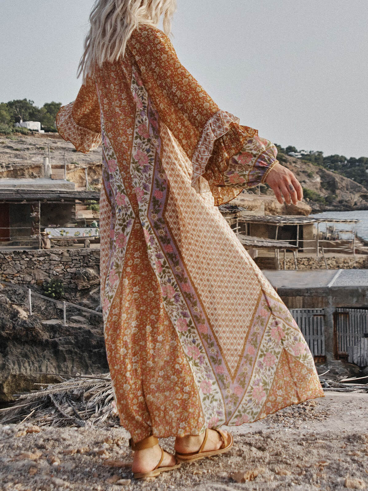 Unique Bohemian Print Long Sleeve Robe Midi Dress - Fashionpara