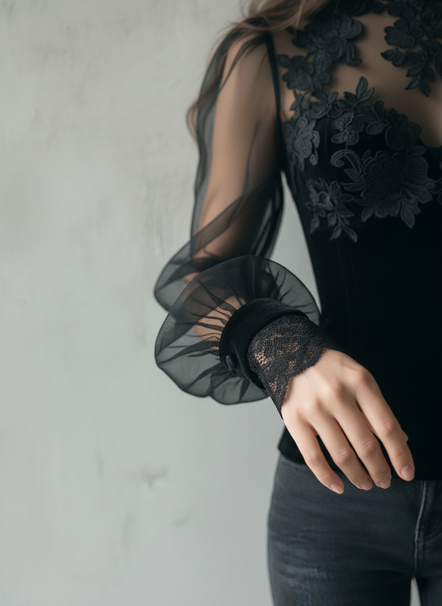 Elegant Black Velvet Lace Sheer Balloon Sleeve Blouse - Fashionpara