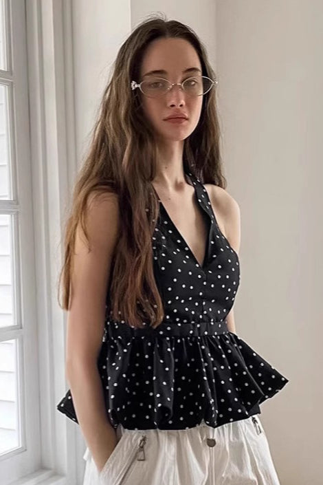 Vintage Polka Dot Tie Halter Crop Top - Fashionpara