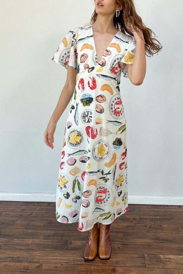 Linen V-neck sexy loose fairy all-match leisure Midi Dress - Fashionpara