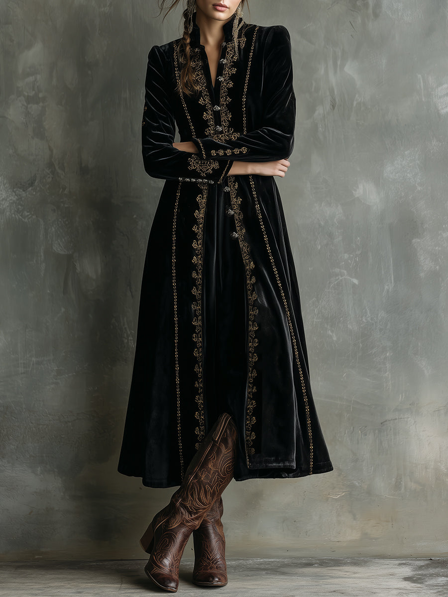 Retro Velvet Embroidered Stand Collar Mid-length Coat - Fashionpara