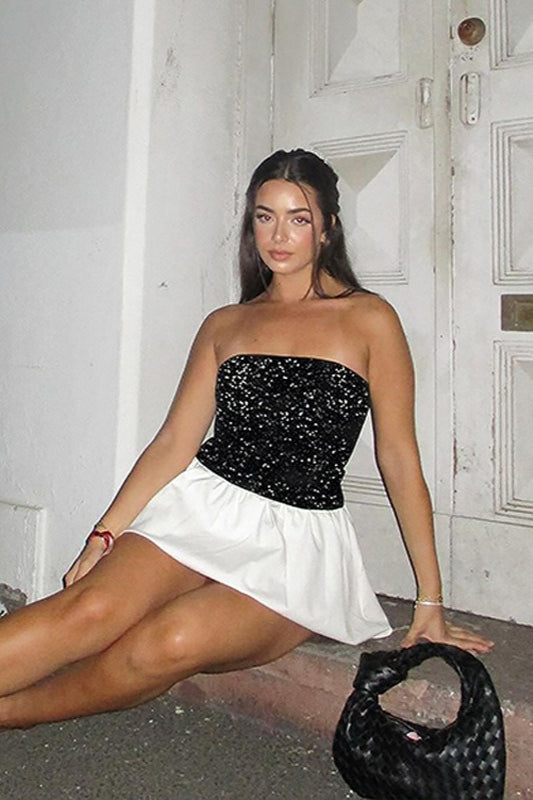 Sequin Strapless Midi Dress in Black - View 4