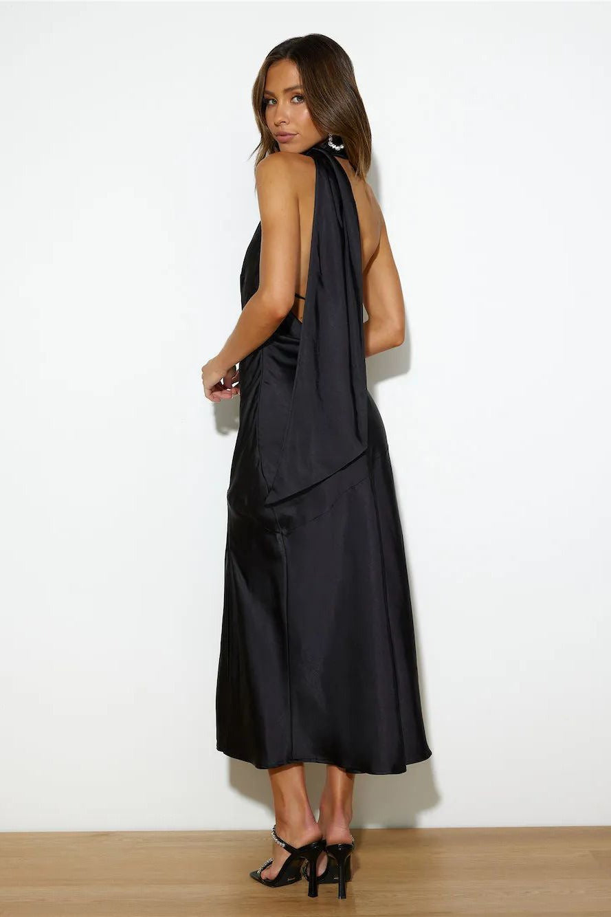 Satin Halter Neck Bias Cut High Split Midi Dress 9