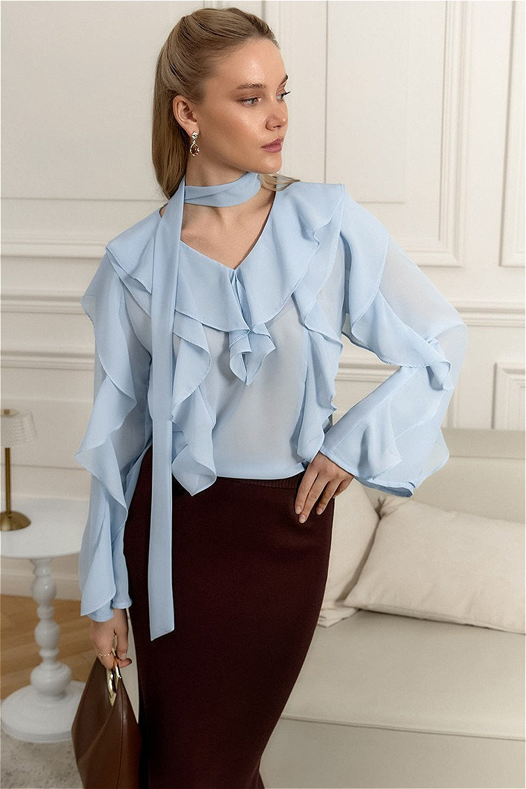 Elegant Solid Chiffon Ruffled Tie Blouse
