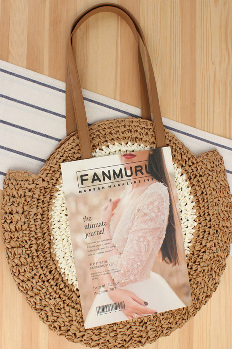 Woven Straw Splicing Contrasting Color Beach Bag - Fashionpara