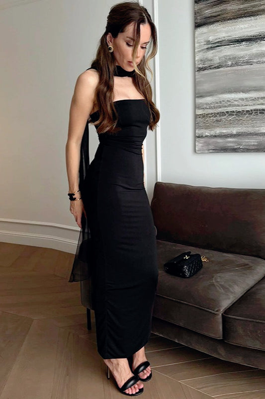 Halter Neck Strapless Bow Ruched Bodycon Midi Dress