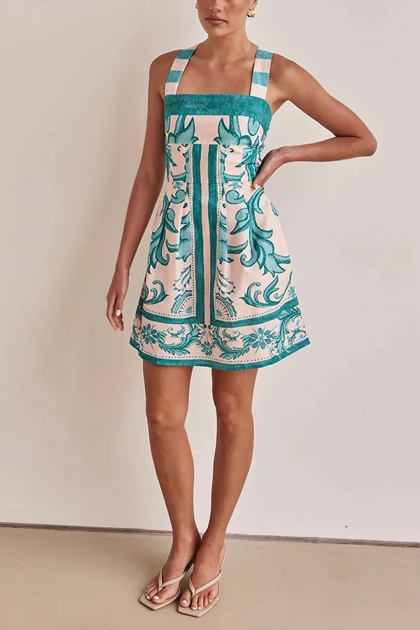 Summer Linen Blend Unique Print Wide Strap Pocket Mini Dress - Fashionpara