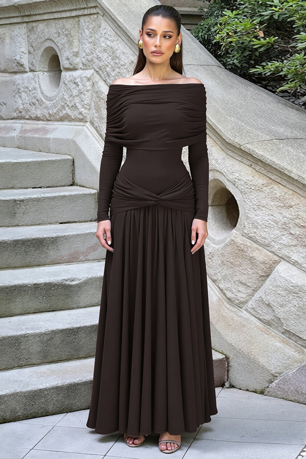 Off Shoulder Long Sleeve Drop Waist Maxi Dress 2