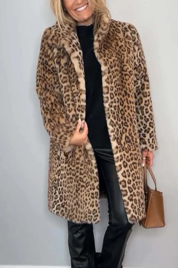 Lapel Leopard Print Plush Coat for Elegant Mid-Length Style