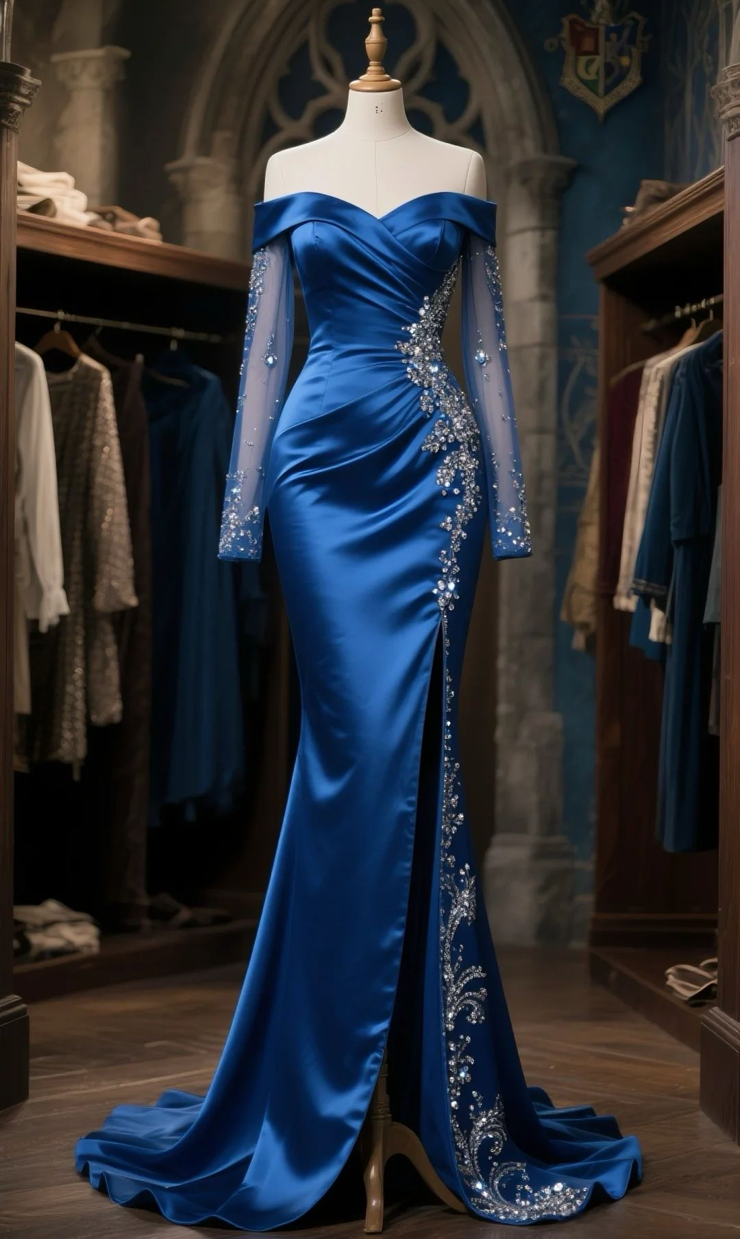 Elegant Off The Shoulder Satin Tulle Long Sleeves Beaded Slit Long Prom Dress, Evening Dress - Fashionpara