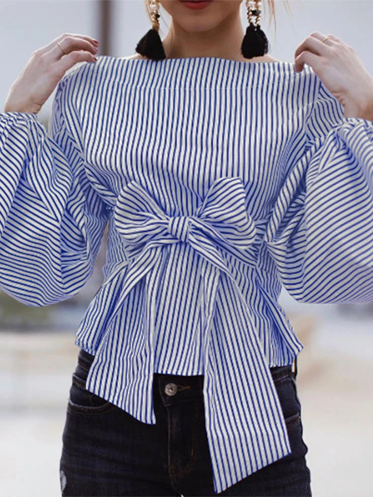 Striped Lantern Sleeve O-Neck Blouse