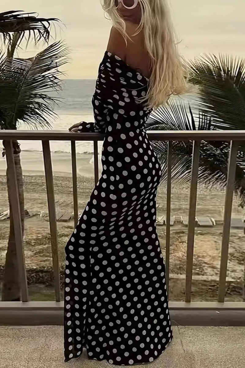 Off Shoulder Mesh Polka Dot Maxi Dress - Fashionpara