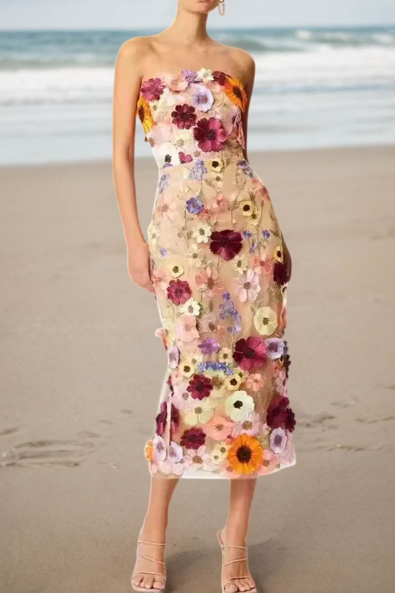 3D Lace Flower Strapless Midi Dress - Fashionpara