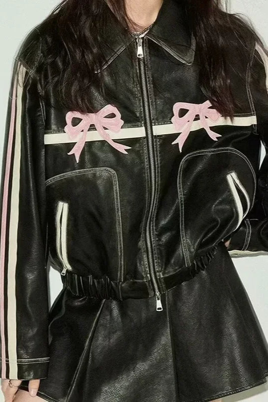 Vintage Faux Leather Bow Jacket