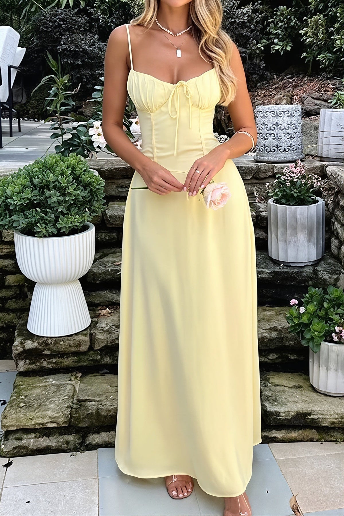 Satin Corset Sweetheart Tie Front Maxi Dress