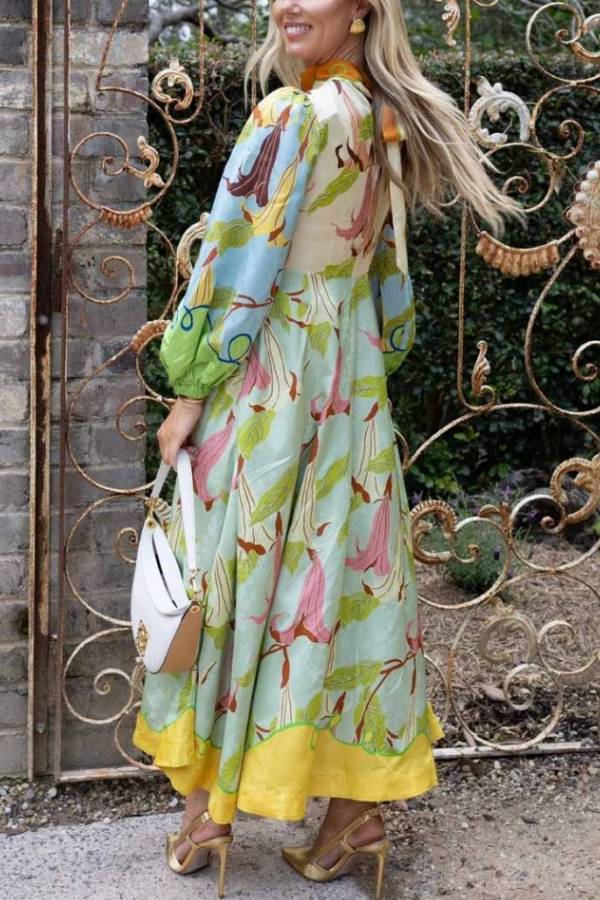 Unique Morning Glory Print Long Sleeve Midi Dress - Fashionpara