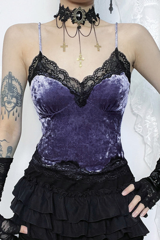 Velvet Lace Trim Gothic Cami Corset - Fashionpara