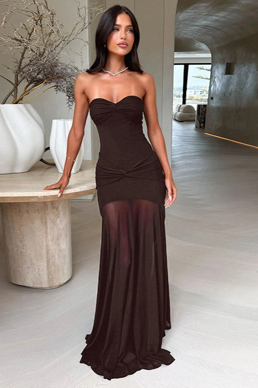 Elegant Slim Strapless Backless Ruched Mesh Long Formal Dress