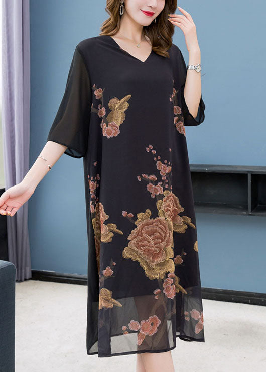 Floral Embroidery V-Neck Sheer Chiffon Sleeve Overlay Midi Dress - View 5
