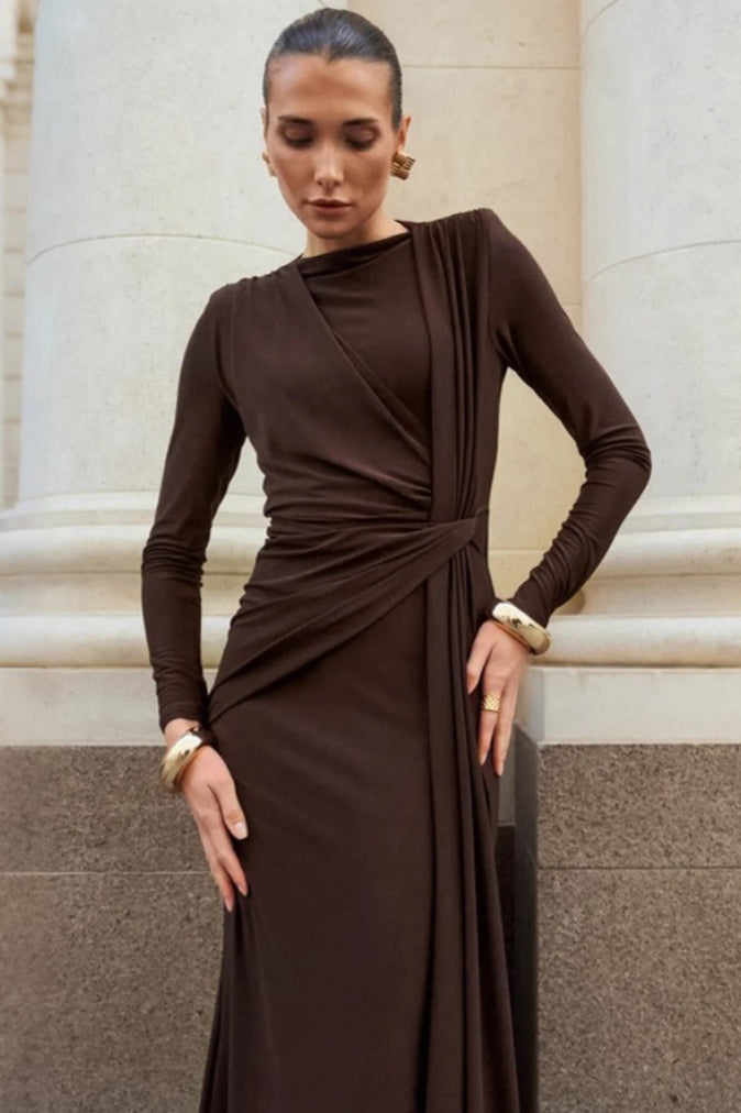 High Neck Long Sleeve Draped Wrap Maxi Dress
