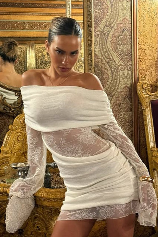Off Shoulder Long Sleeve Sheer Lace Ruched Mini Dress