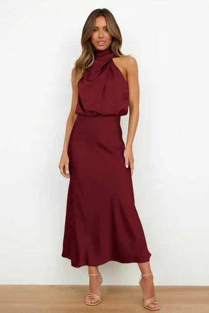 Satin Mock Neck Cowl Drape Sleeveless Bias Cut Midi Cocktail Dress - View 4