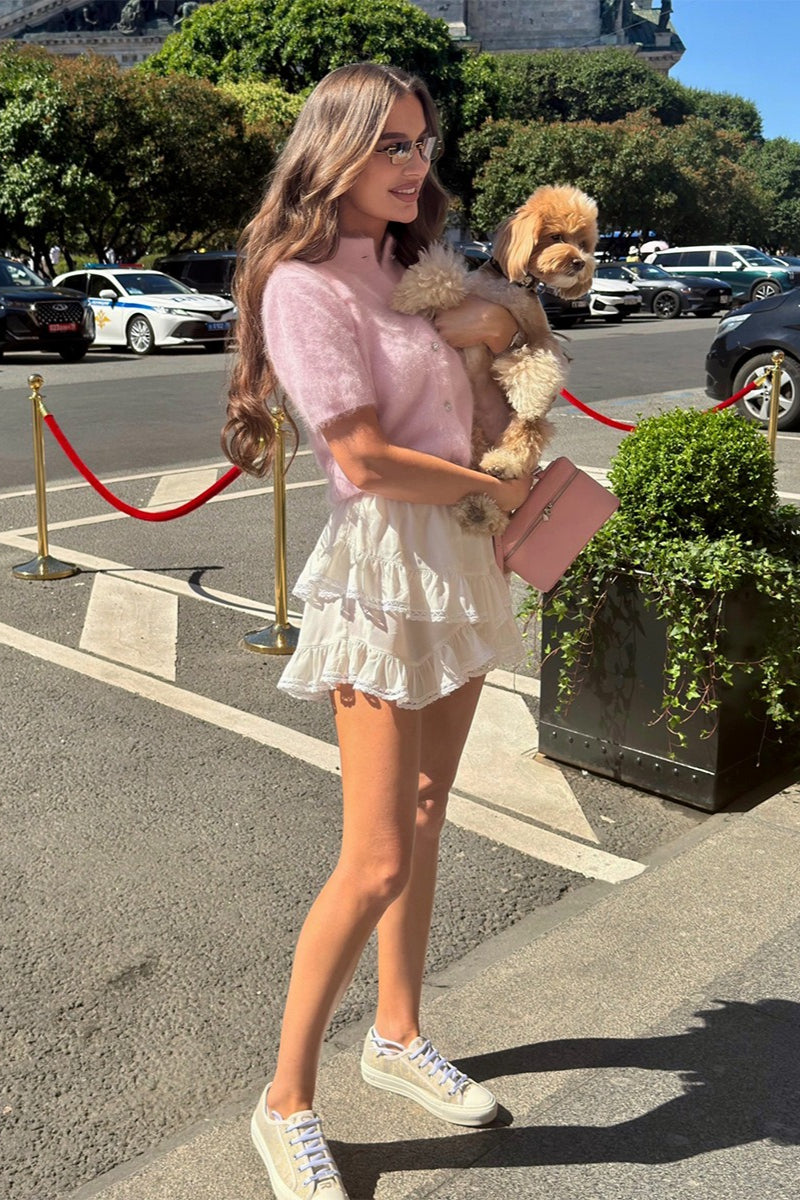 Fuzzy Short Sleeve Button Front Knit Sweater